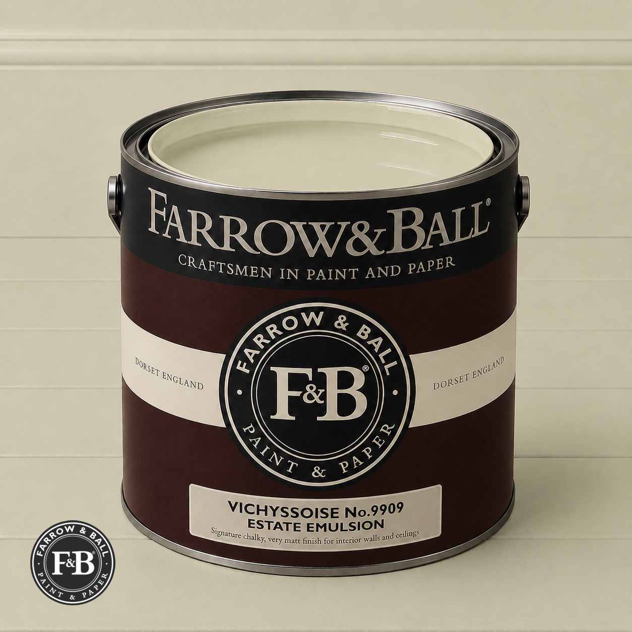 Farrow & Ball Vichyssoise No.9909 Estate Emulsion paint colour sample and paint tin
