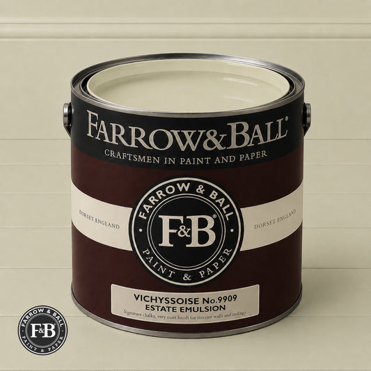 Farrow & Ball Vichyssoise No.9909 Estate Emulsion paint colour sample and paint tin
