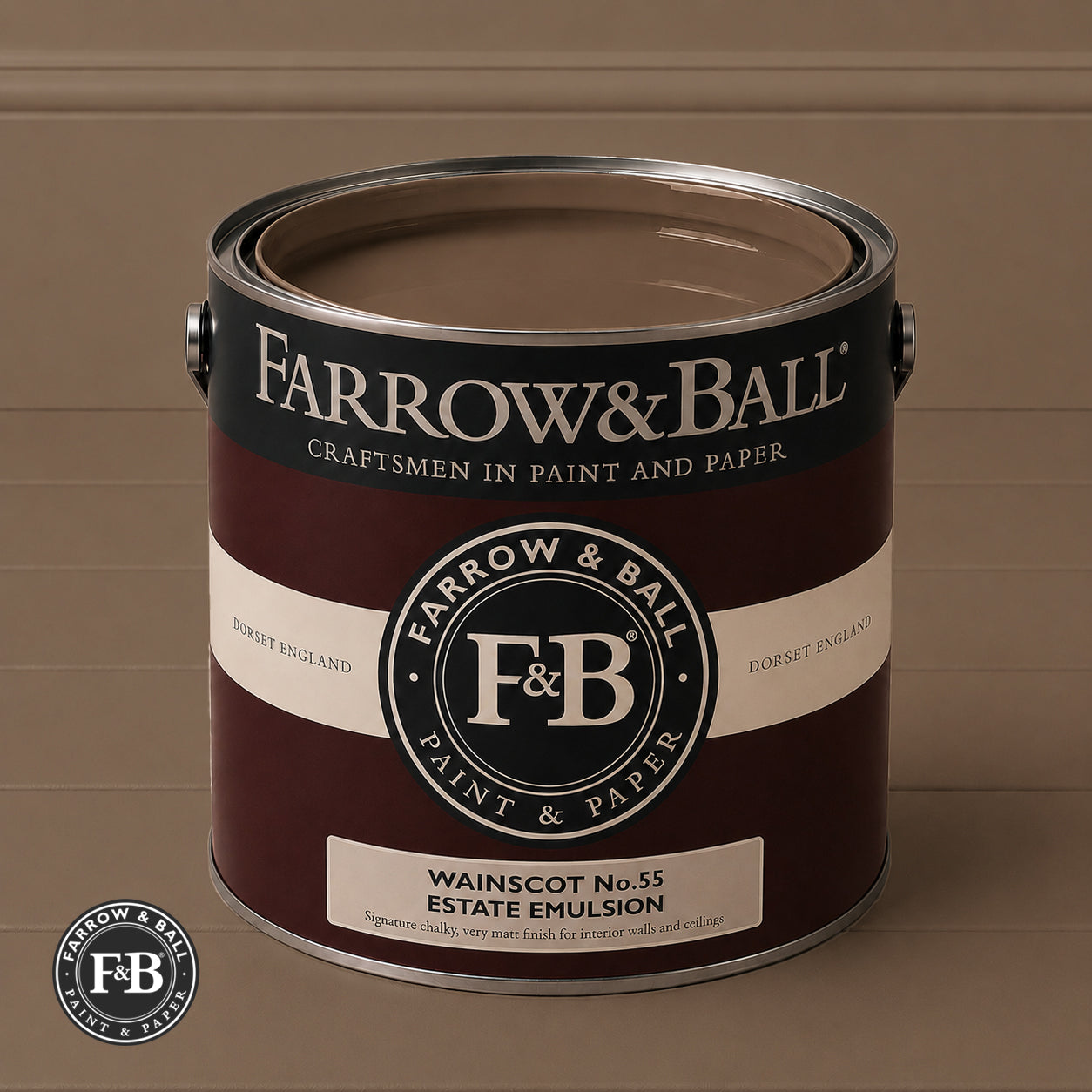 Farrow & Ball Wainscot No.55 Estate Emulsion paint colour sample and paint tin
