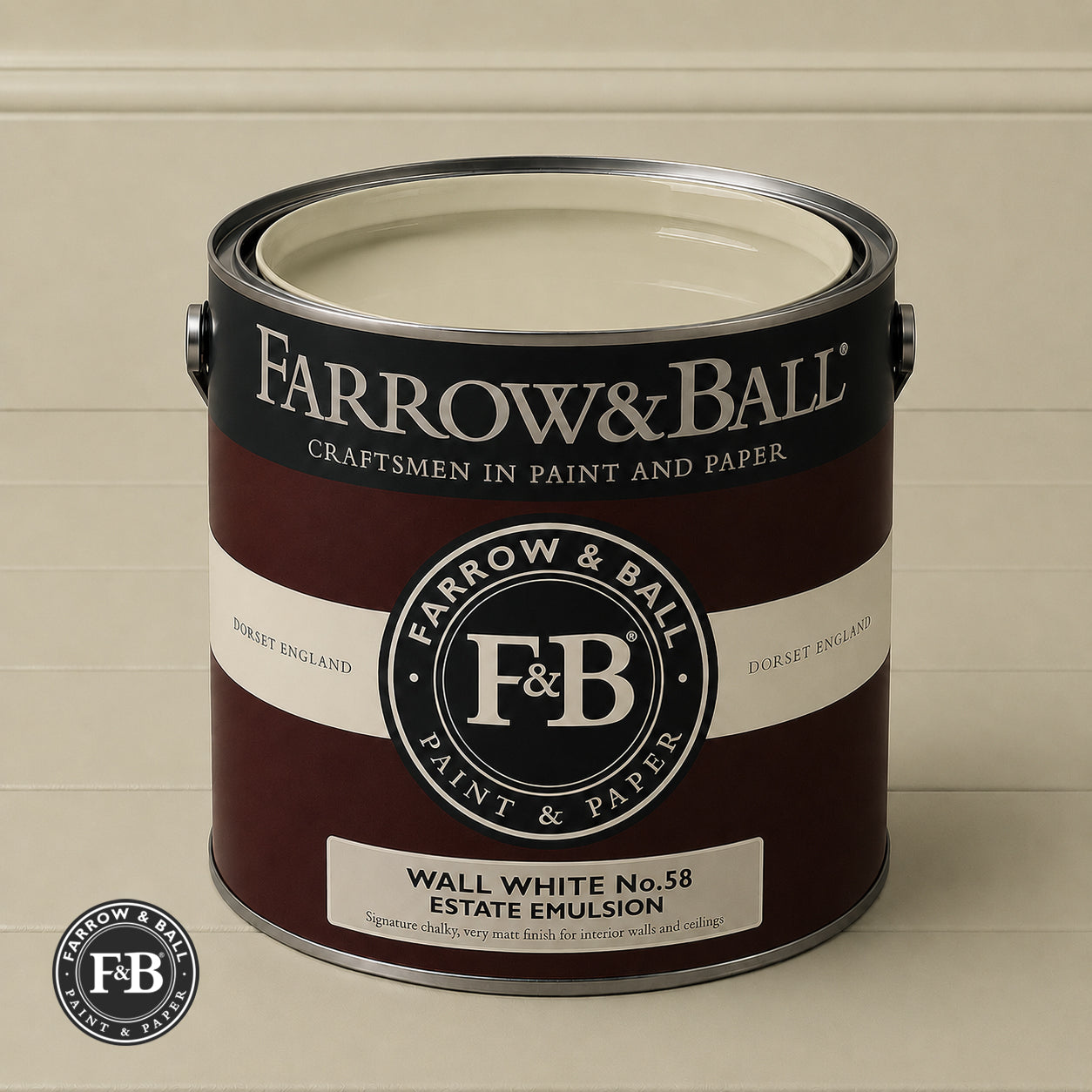 Farrow & Ball Wall White No.58 Estate Emulsion paint colour sample and paint tin