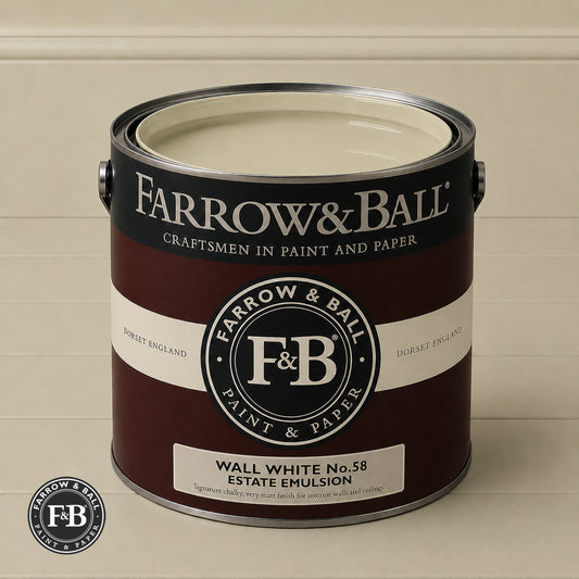 Farrow & Ball Wall White No.58 Estate Emulsion paint colour sample and paint tin