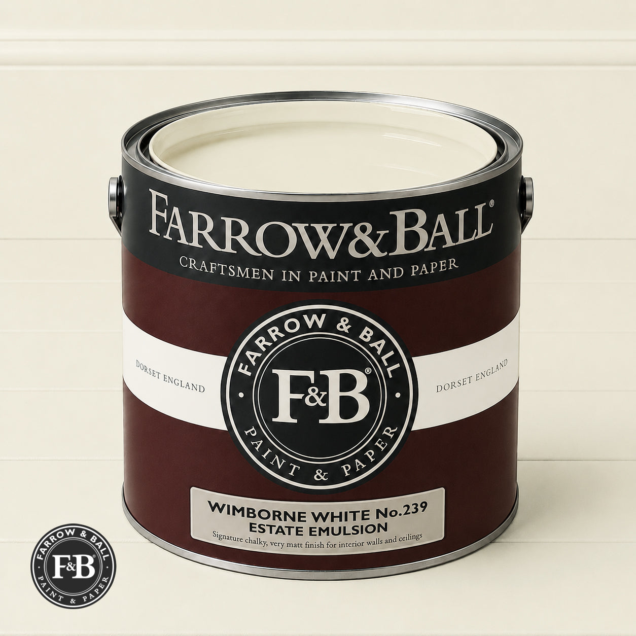 Farrow & Ball Wimborne White No.239 paint colour in open paint tin