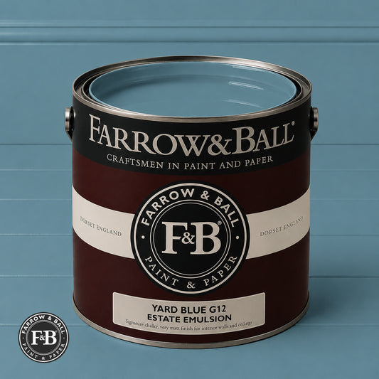 Farrow & Ball Yard Blue No.G12 Estate Emulsion paint colour sample and paint tin

