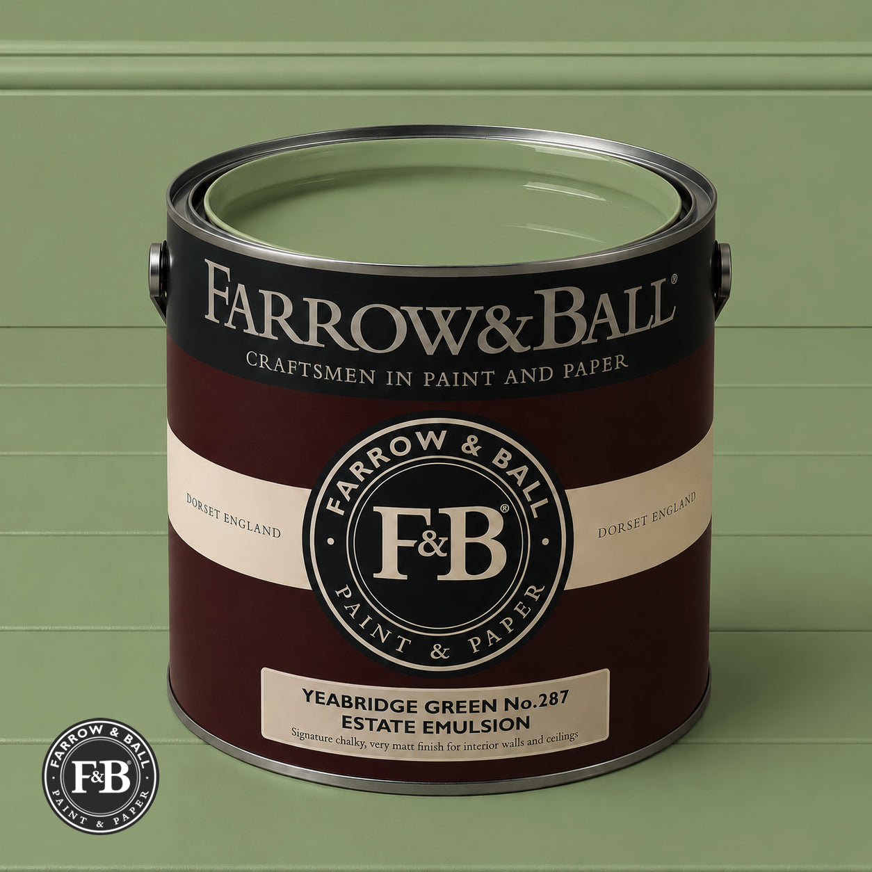 Farrow & Ball Yeabridge Green No.287 paint colour in open paint tin