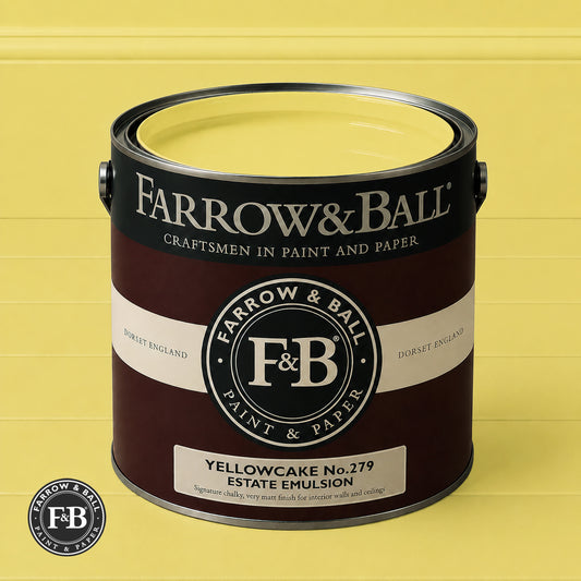 Farrow & Ball Yellowcake No.279 Estate Emulsion paint colour sample and paint tin
