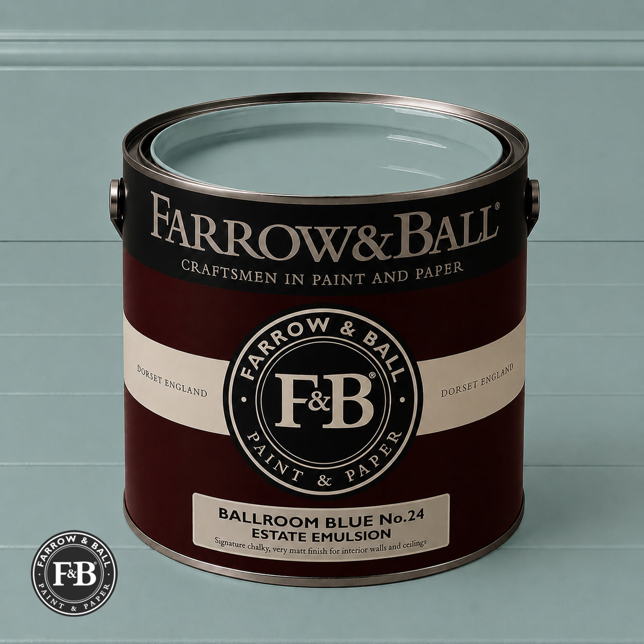 Farrow & Ball Ballroom Blue No.24 Estate Emulsion paint colour sample and paint tin