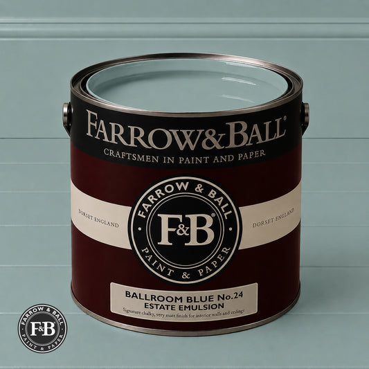 Farrow & Ball Ballroom Blue No.24 Estate Emulsion paint colour sample and paint tin