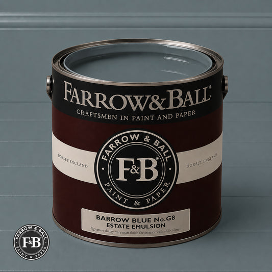 Farrow & Ball Barrow Blue No.G8 Estate Emulsion paint colour sample and paint tin
