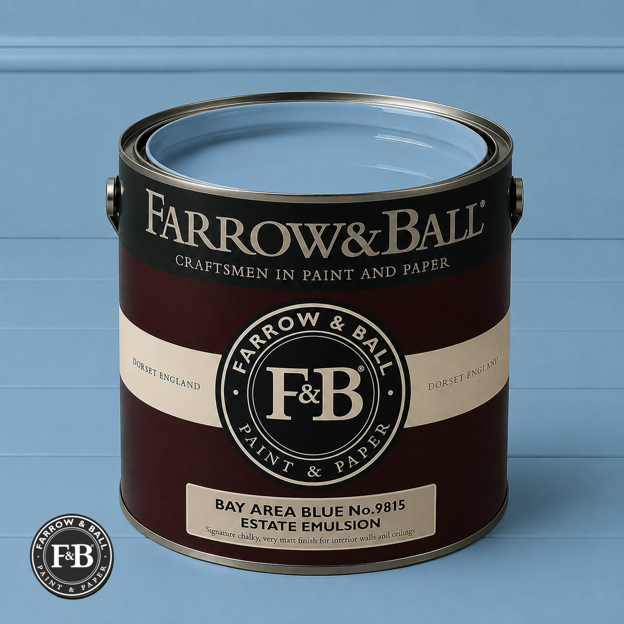 Farrow & Ball Bay Area Blue No.9815 Estate Emulsion paint colour sample and paint tin
