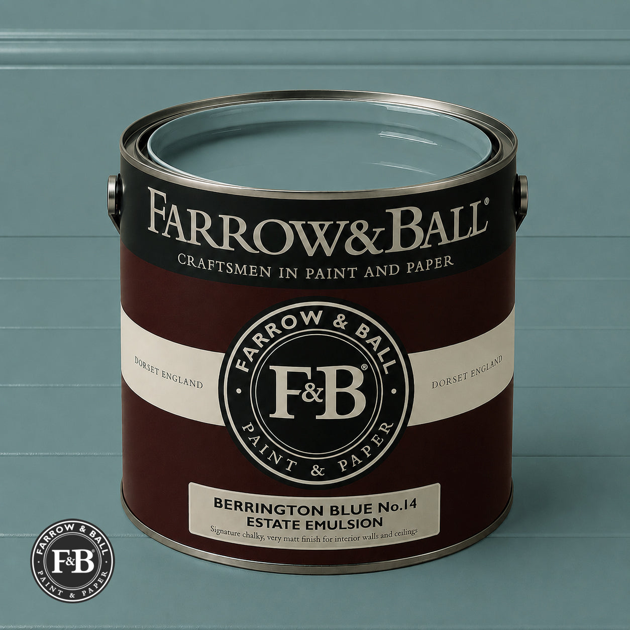 Farrow & Ball Berrington Blue No.14 paint colour in open paint tin
