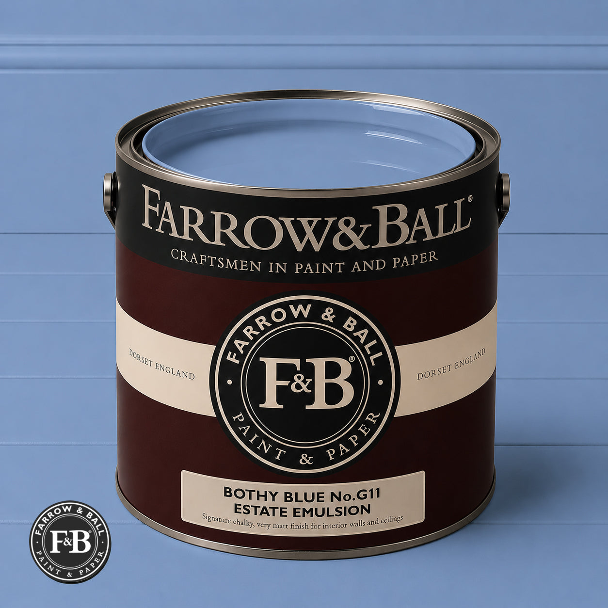 Farrow & Ball Bothy Blue No.G11 Estate Emulsion paint colour sample and paint tin
