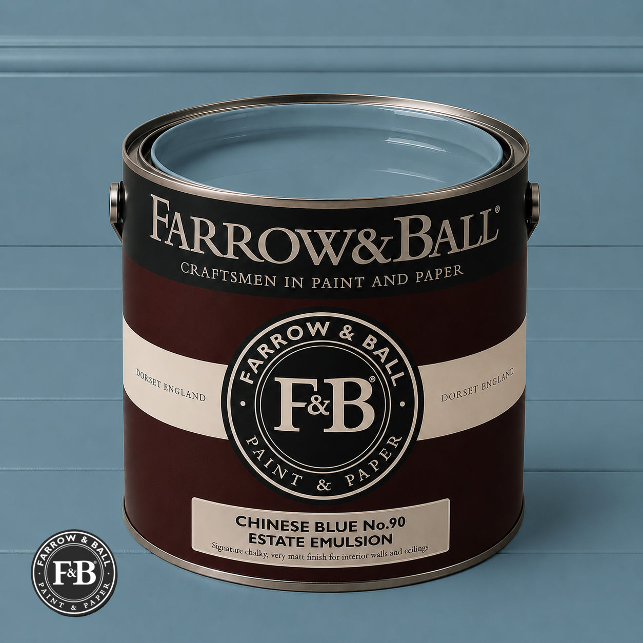 Farrow & Ball Chinese Blue No.90 Estate Emulsion paint colour sample and paint tin
