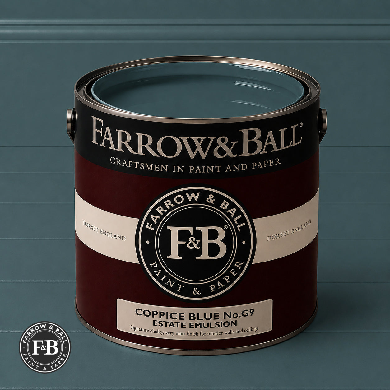 Farrow & Ball Coppice Blue No.G9 Estate Emulsion paint colour sample and paint tin