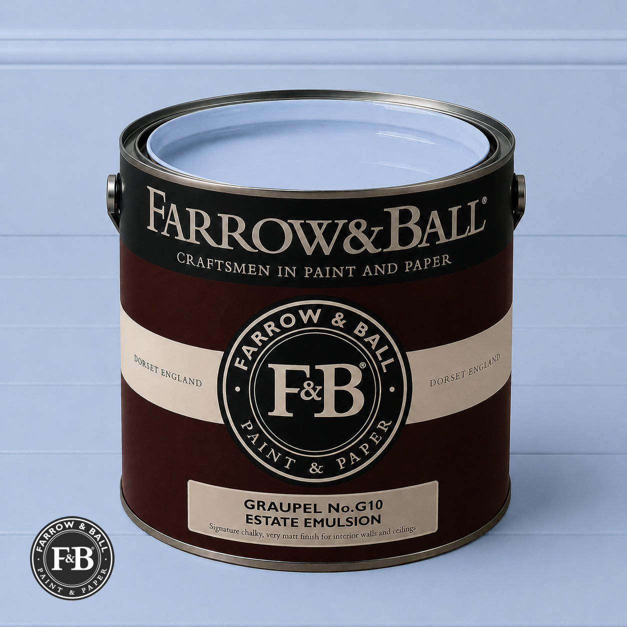 Farrow & Ball Graupel No.G10 Estate Emulsion paint colour sample and paint tin
