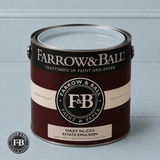 Farrow & Ball Hazy No.CC6 Estate Emulsion paint colour sample and paint tin
