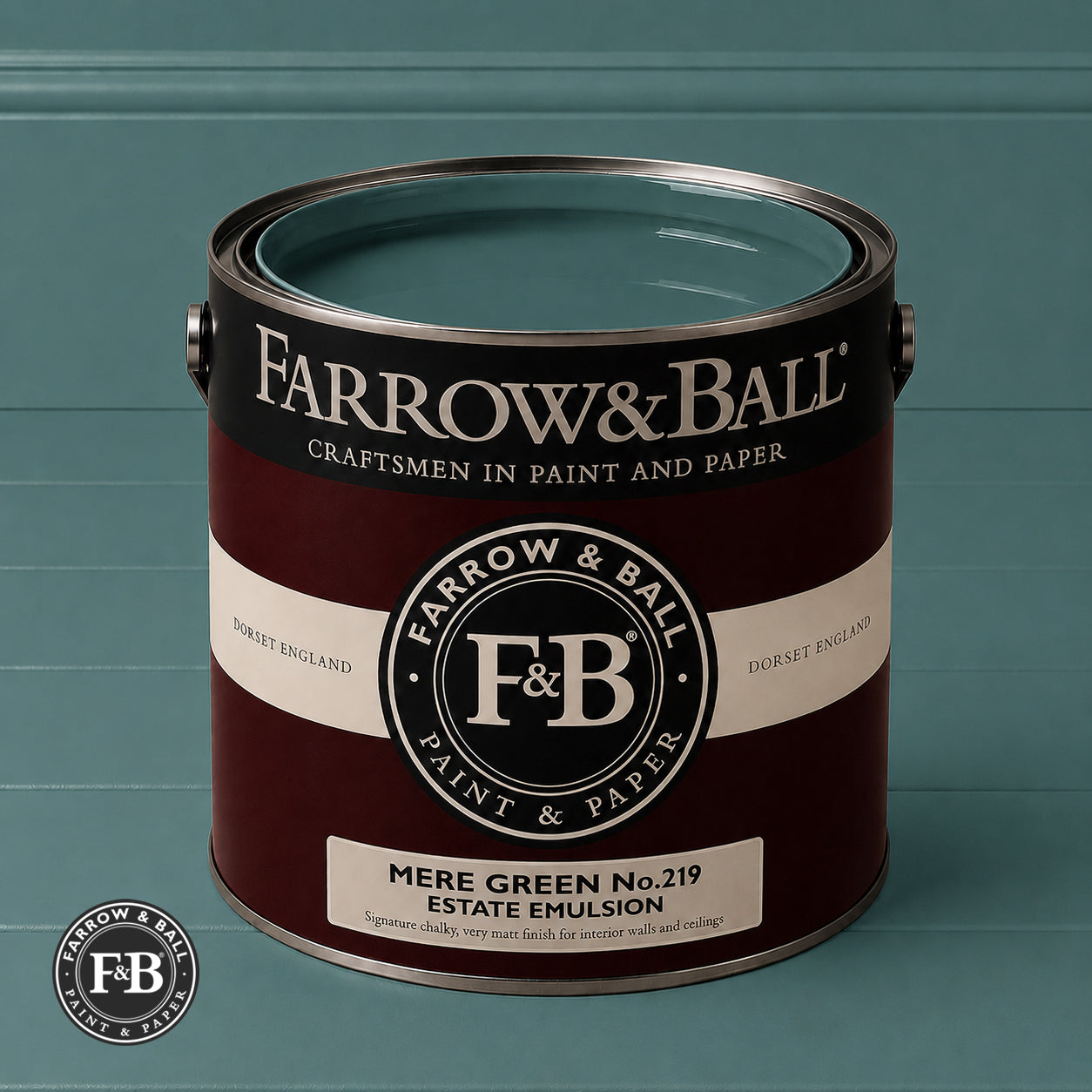 Farrow & Ball Mere Green No.219 Estate Emulsion paint colour sample and paint tin