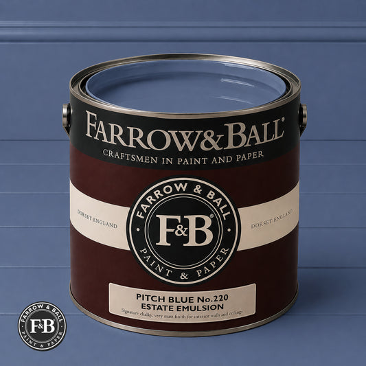 Farrow & Ball Pitch Blue No.220 Estate Emulsion paint colour sample and paint tin
