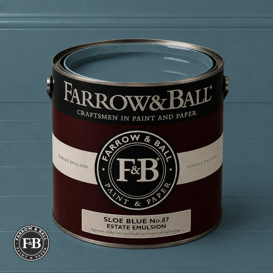 Farrow & Ball Sloe Blue No.87 Estate Emulsion paint colour sample and paint tin