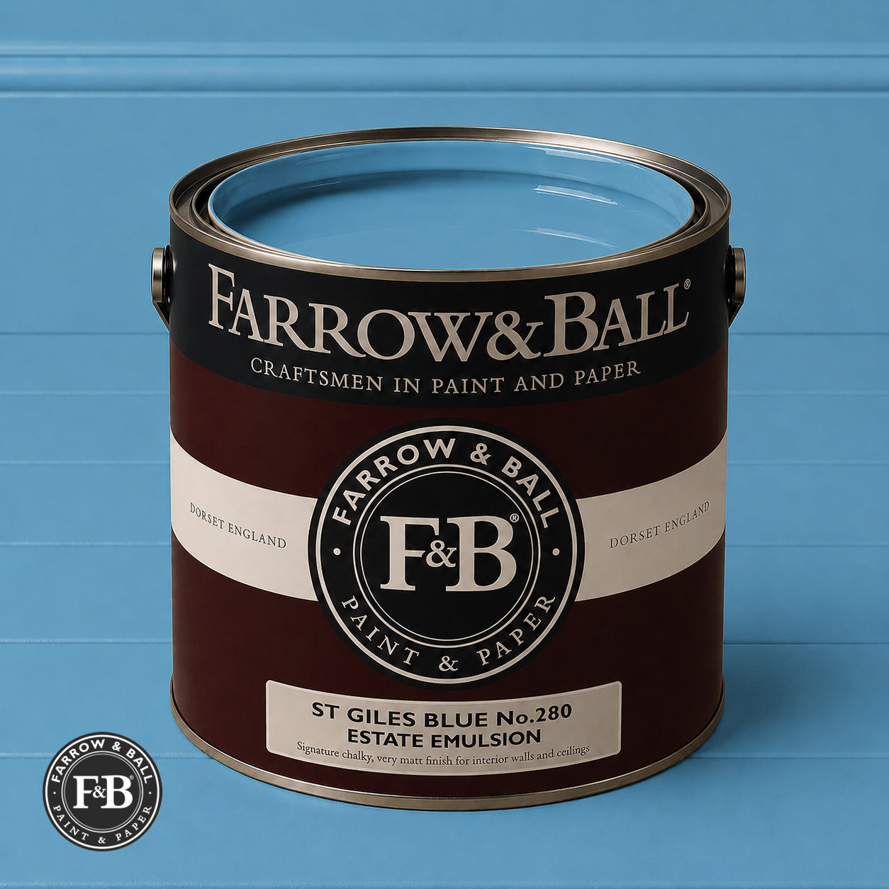 Farrow & Ball St Giles Blue No.280 Estate Emulsion paint colour sample and paint tin
