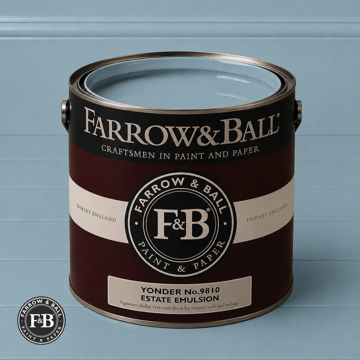 Farrow & Ball Yonder No.9810 Estate Emulsion paint colour sample and paint tin
