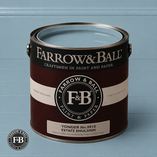 Farrow & Ball Yonder No.9810 Estate Emulsion paint colour sample and paint tin
